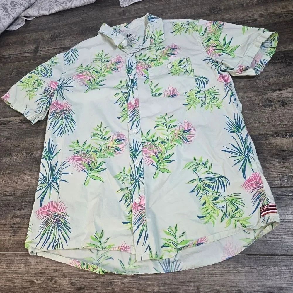 Quicksilver Regular Fit Hawaiian shirt Size Medium Cotton White Green Blue